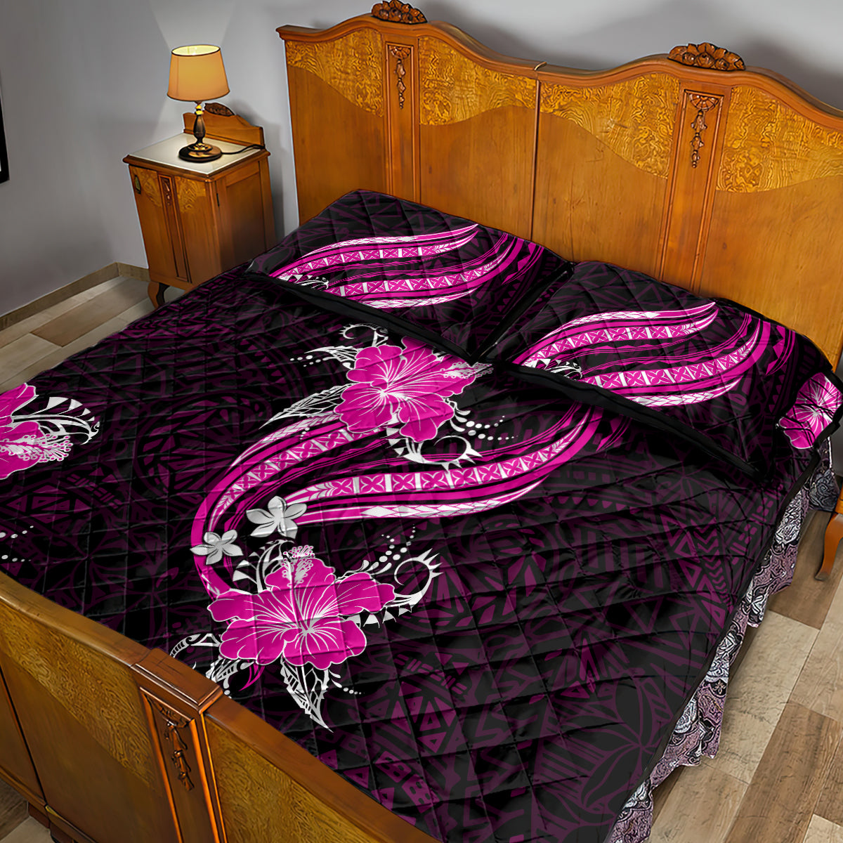 Pink Polynesian Pattern With Tropical Flowers Quilt Bed Set LT05 - Polynesian Pride