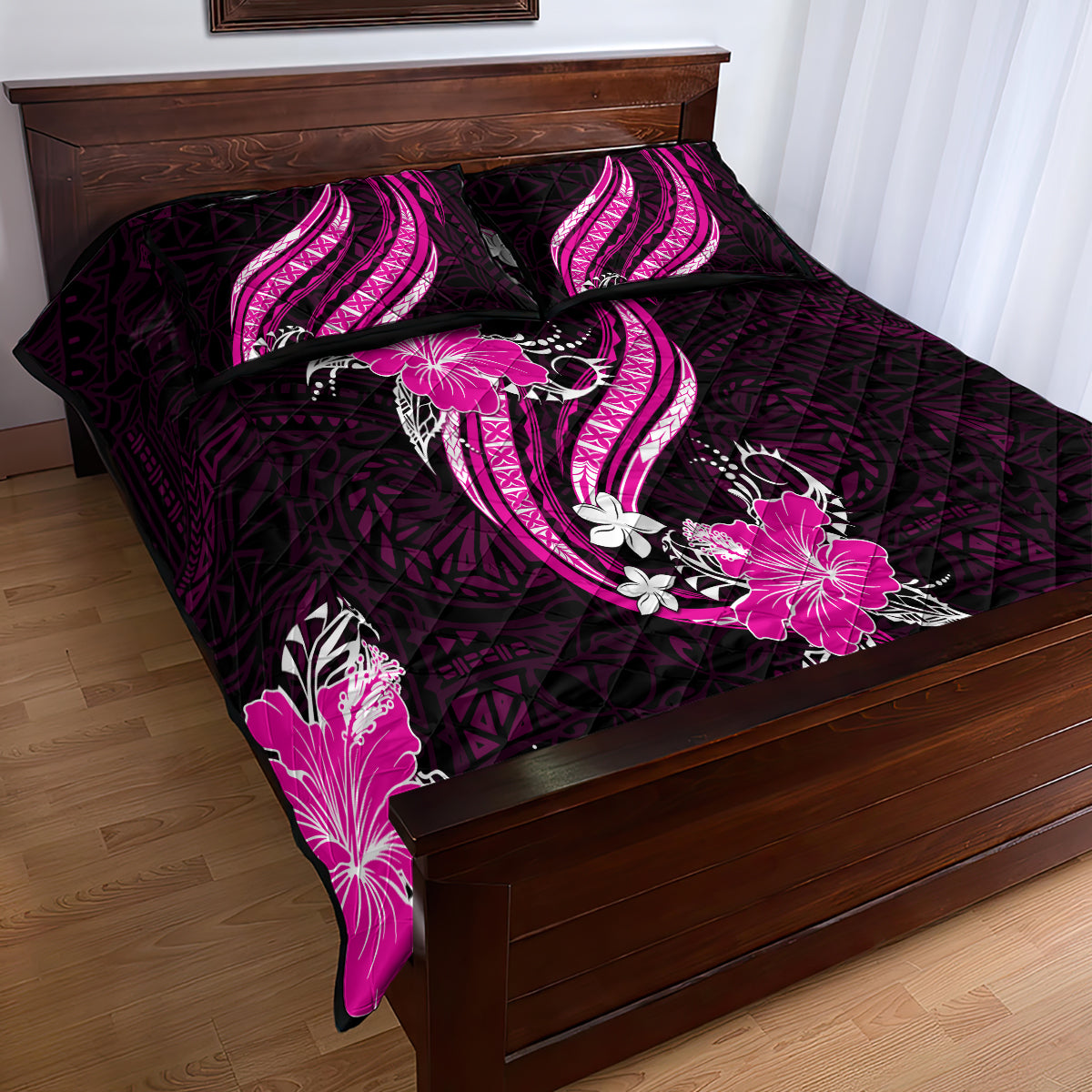 Pink Polynesian Pattern With Tropical Flowers Quilt Bed Set LT05 - Polynesian Pride