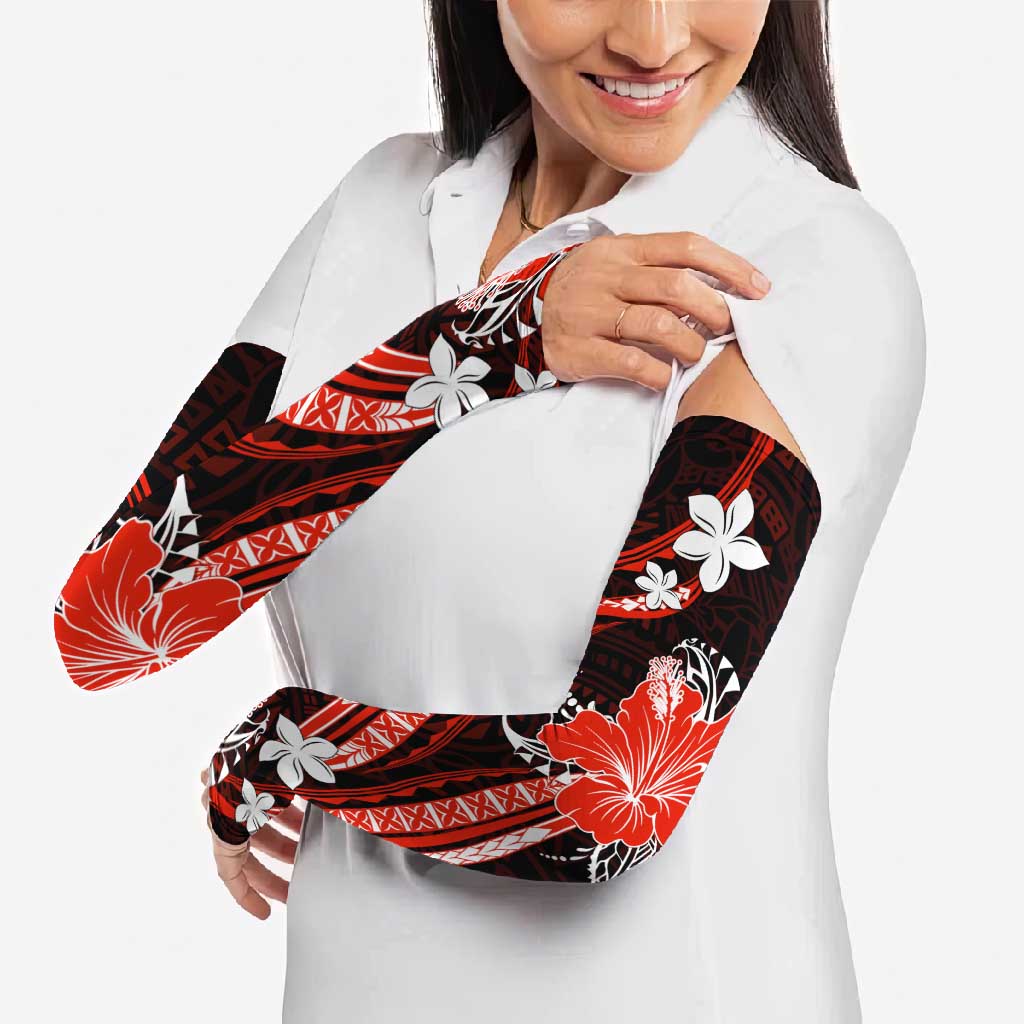 Red Polynesian Pattern With Tropical Flowers Arm Sleeves LT05 - Polynesian Pride
