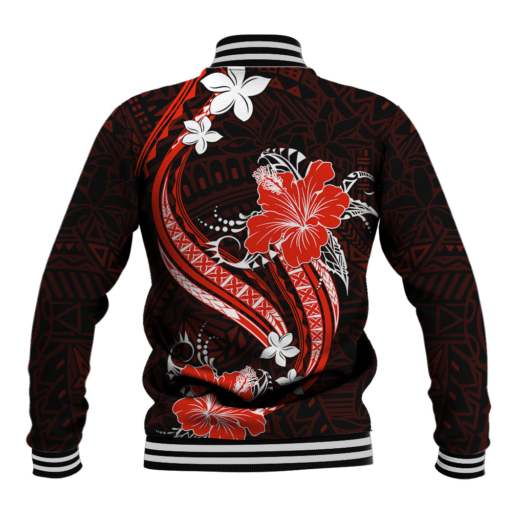 Red Polynesian Pattern With Tropical Flowers Baseball Jacket LT05 - Polynesian Pride