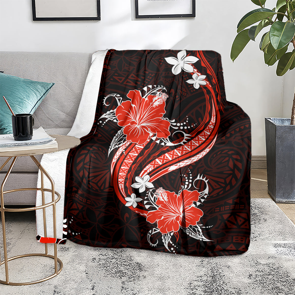 Red Polynesian Pattern With Tropical Flowers Blanket LT05 - Polynesian Pride