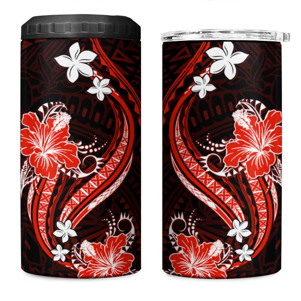 Red Polynesian Pattern With Tropical Flowers 4 in 1 Can Cooler Tumbler