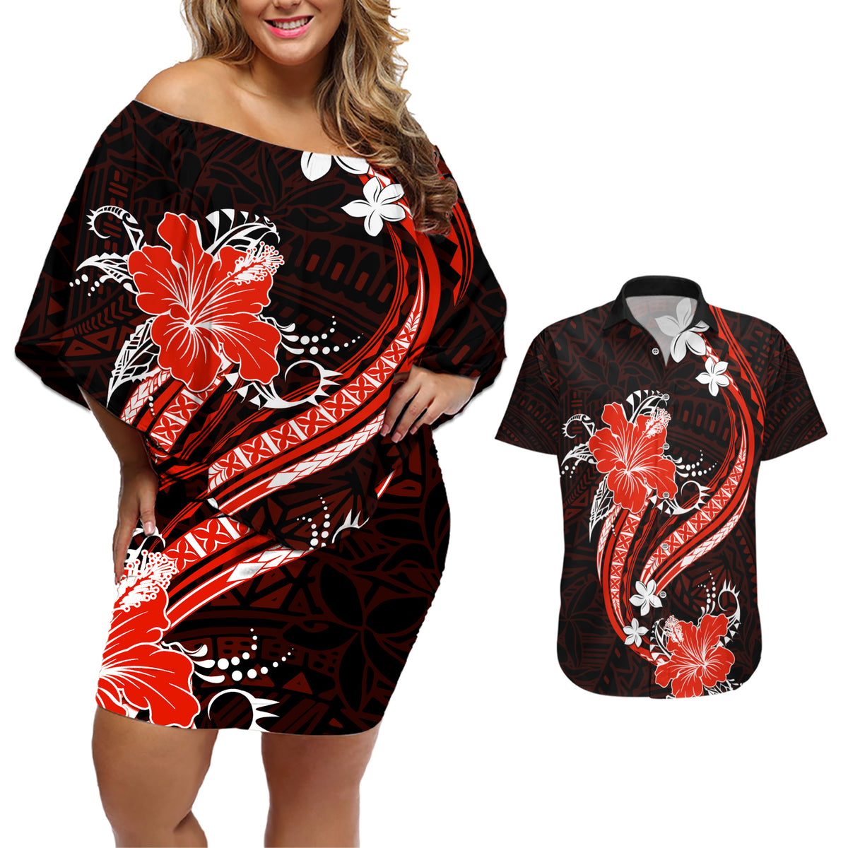 Red Polynesian Pattern With Tropical Flowers Couples Matching Off Shoulder Short Dress and Hawaiian Shirt LT05 Red - Polynesian Pride