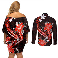 Red Polynesian Pattern With Tropical Flowers Couples Matching Off Shoulder Short Dress and Long Sleeve Button Shirt LT05 - Polynesian Pride