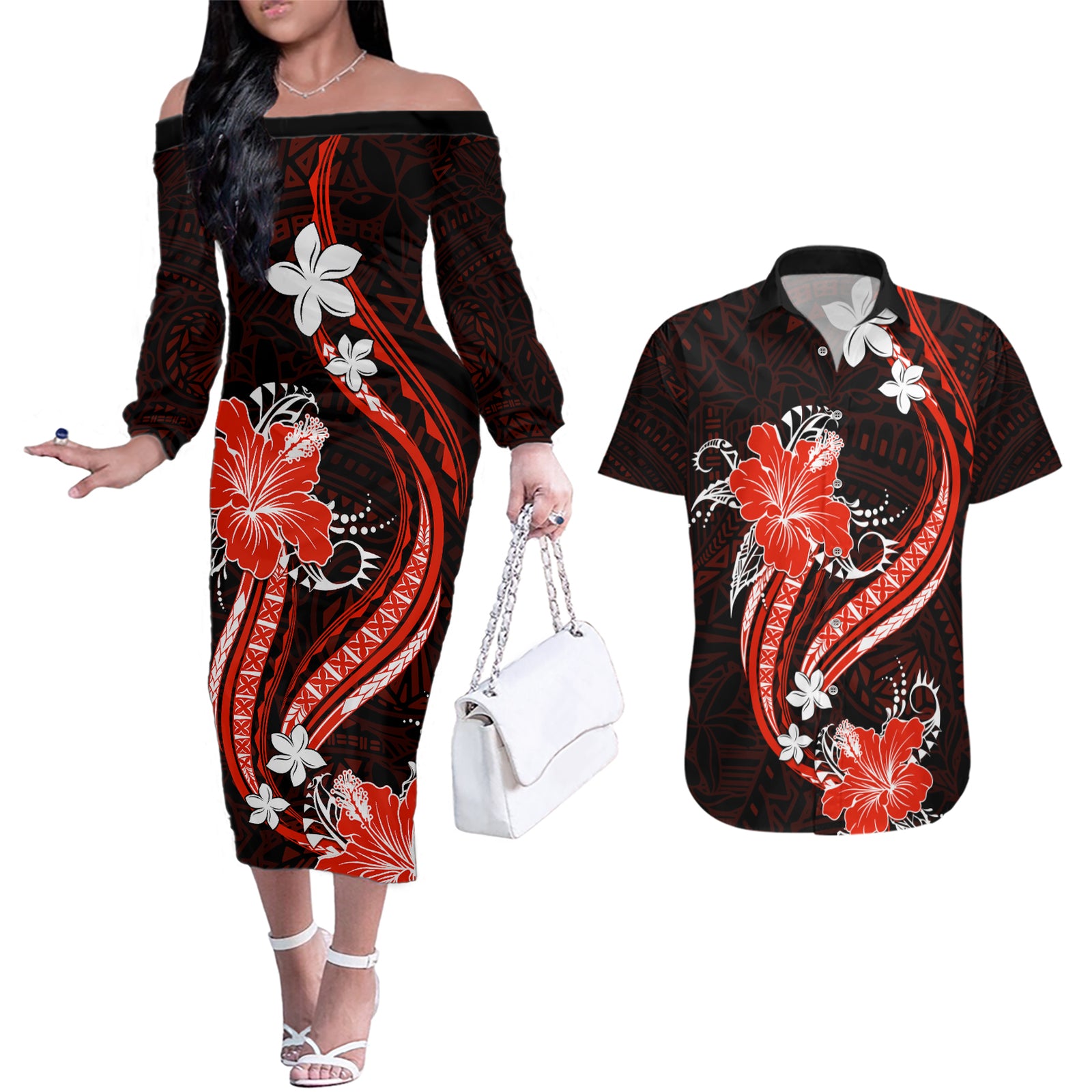 Red Polynesian Pattern With Tropical Flowers Couples Matching Off The Shoulder Long Sleeve Dress and Hawaiian Shirt LT05 Red - Polynesian Pride