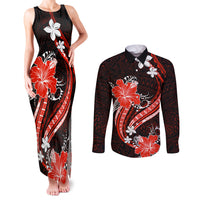 Red Polynesian Pattern With Tropical Flowers Couples Matching Tank Maxi Dress and Long Sleeve Button Shirt LT05 Red - Polynesian Pride