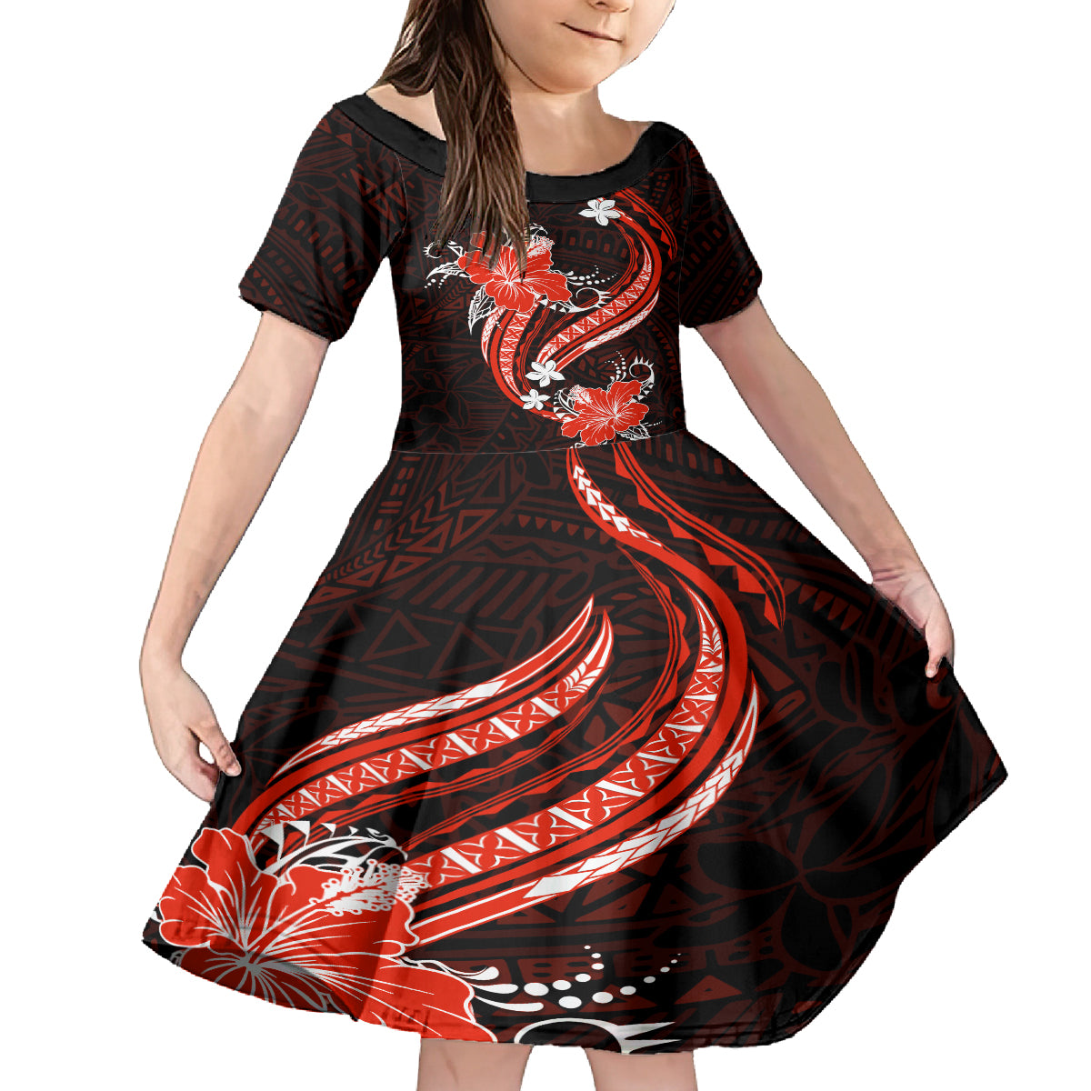Red Polynesian Pattern With Tropical Flowers Family Matching Long Sleeve Bodycon Dress and Hawaiian Shirt LT05 Daughter's Dress Red - Polynesian Pride