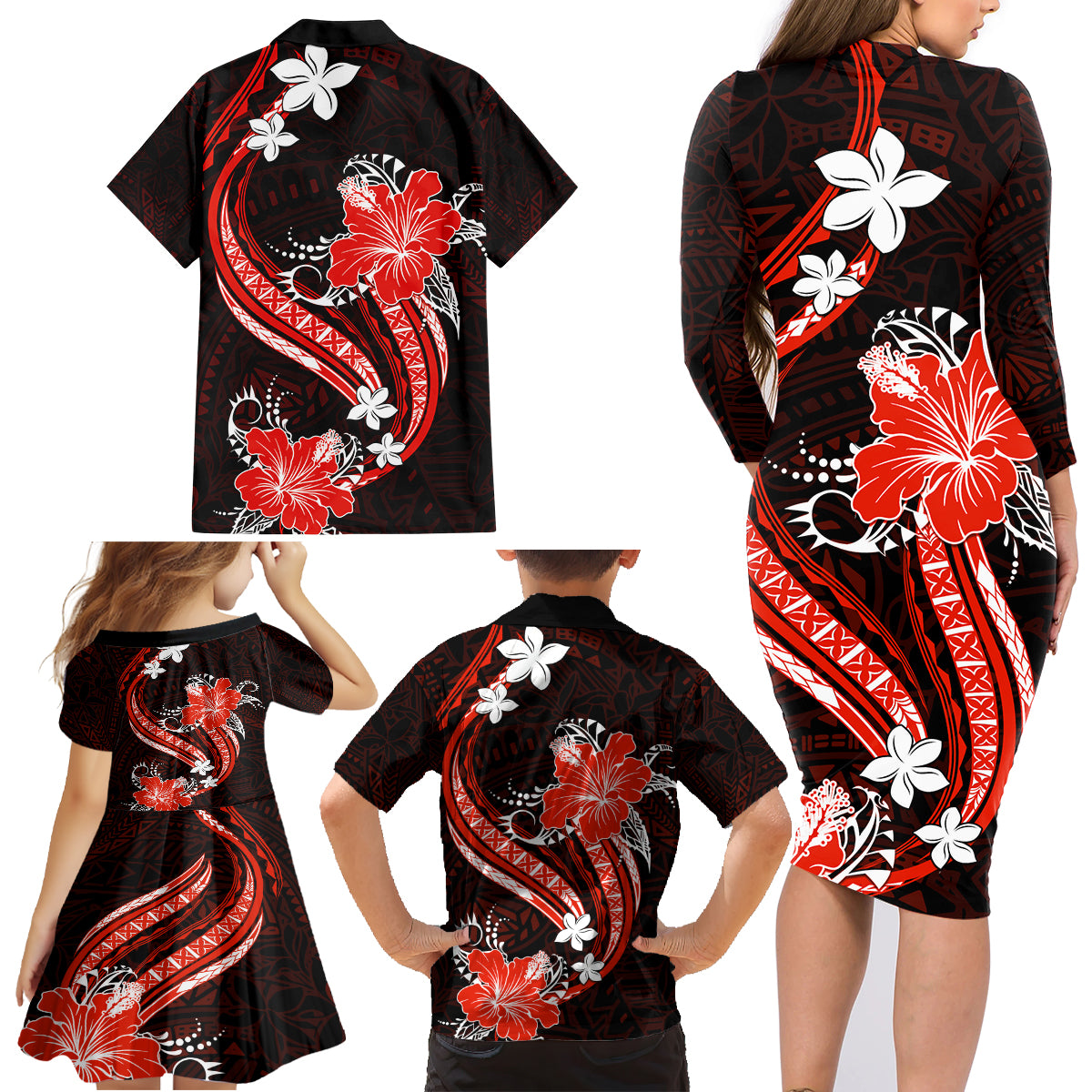 Red Polynesian Pattern With Tropical Flowers Family Matching Long Sleeve Bodycon Dress and Hawaiian Shirt LT05 - Polynesian Pride
