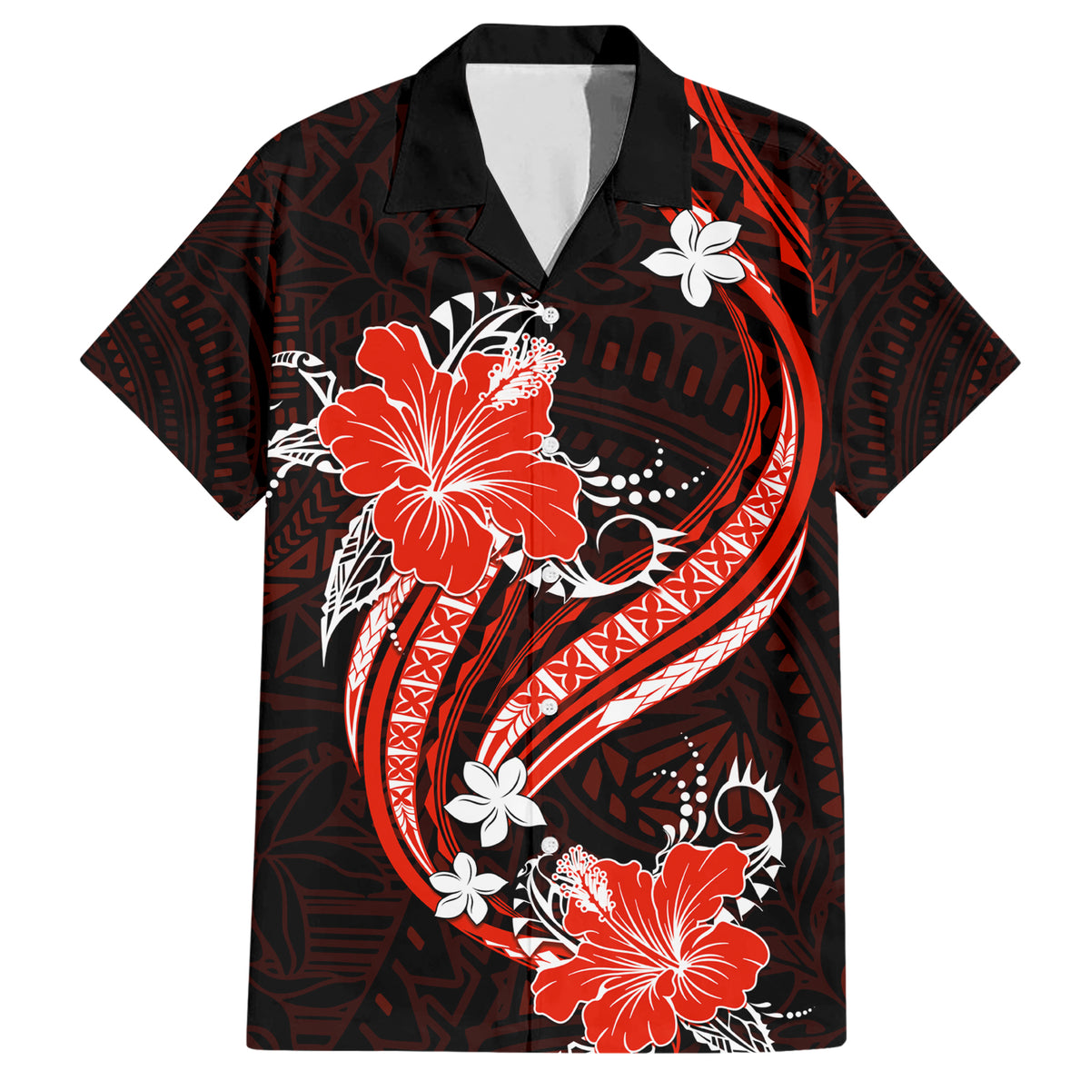 Red Polynesian Pattern With Tropical Flowers Family Matching Short Sleeve Bodycon Dress and Hawaiian Shirt LT05 Dad's Shirt - Short Sleeve Red - Polynesian Pride
