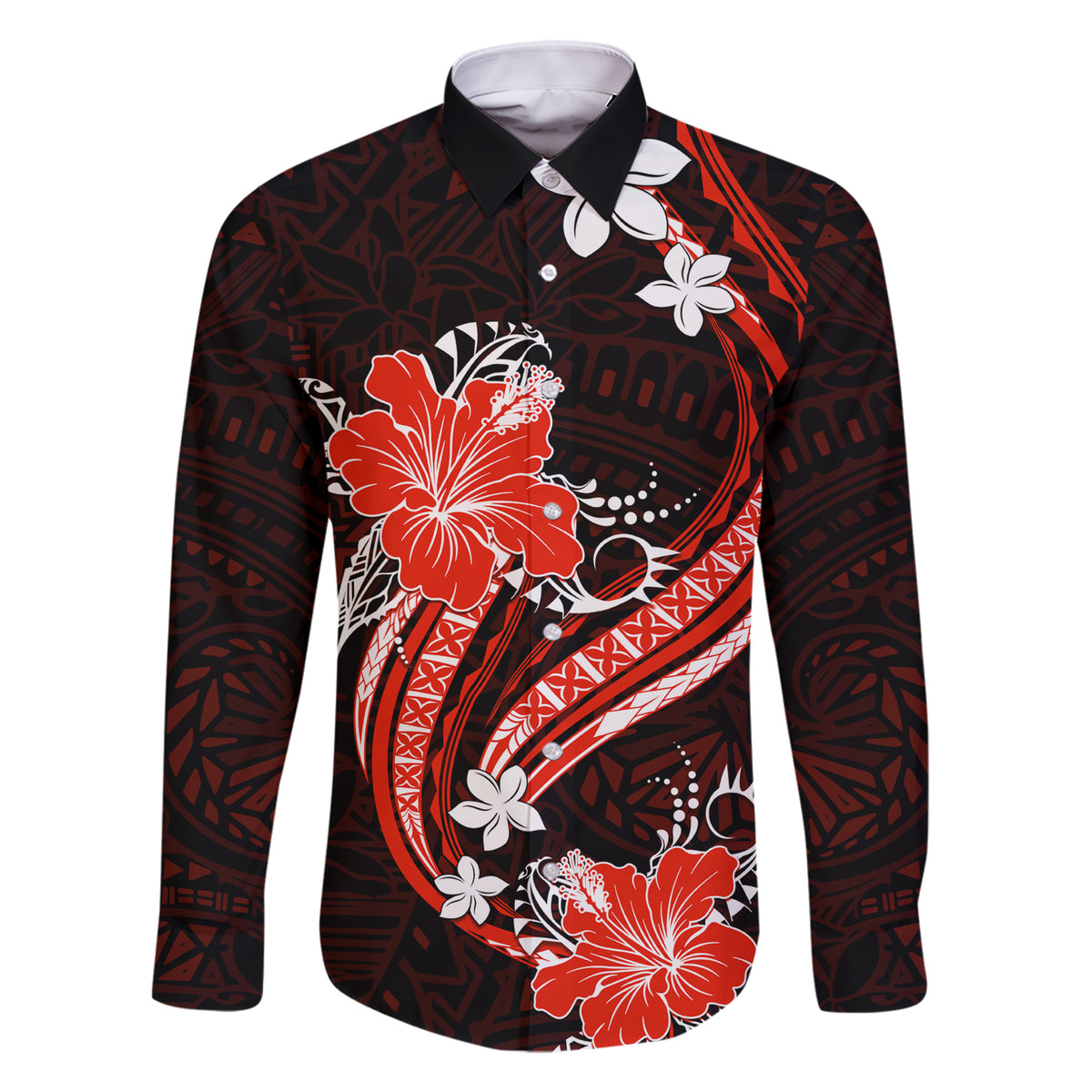 Red Polynesian Pattern With Tropical Flowers Family Matching Short Sleeve Bodycon Dress and Hawaiian Shirt LT05 Dad's Shirt - Long Sleeve Red - Polynesian Pride