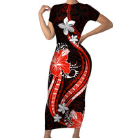 Red Polynesian Pattern With Tropical Flowers Family Matching Short Sleeve Bodycon Dress and Hawaiian Shirt LT05 Mom's Dress Red - Polynesian Pride
