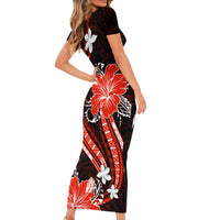 Red Polynesian Pattern With Tropical Flowers Family Matching Short Sleeve Bodycon Dress and Hawaiian Shirt LT05 - Polynesian Pride