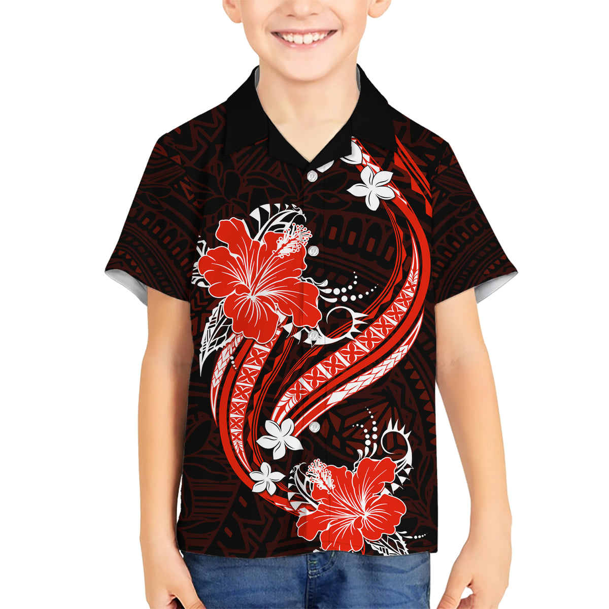 Red Polynesian Pattern With Tropical Flowers Family Matching Short Sleeve Bodycon Dress and Hawaiian Shirt LT05 Son's Shirt Red - Polynesian Pride