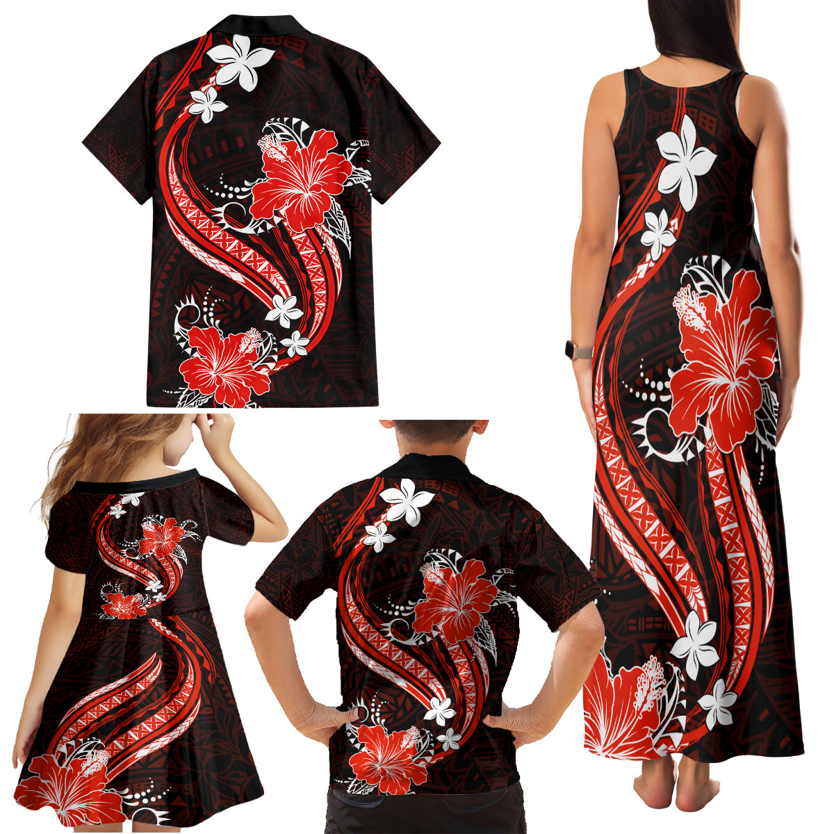 Red Polynesian Pattern With Tropical Flowers Family Matching Tank Maxi Dress and Hawaiian Shirt LT05 - Polynesian Pride