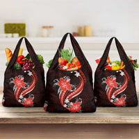 Red Polynesian Pattern With Tropical Flowers Grocery Bag