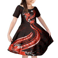 Red Polynesian Pattern With Tropical Flowers Kid Short Sleeve Dress LT05 KID Red - Polynesian Pride
