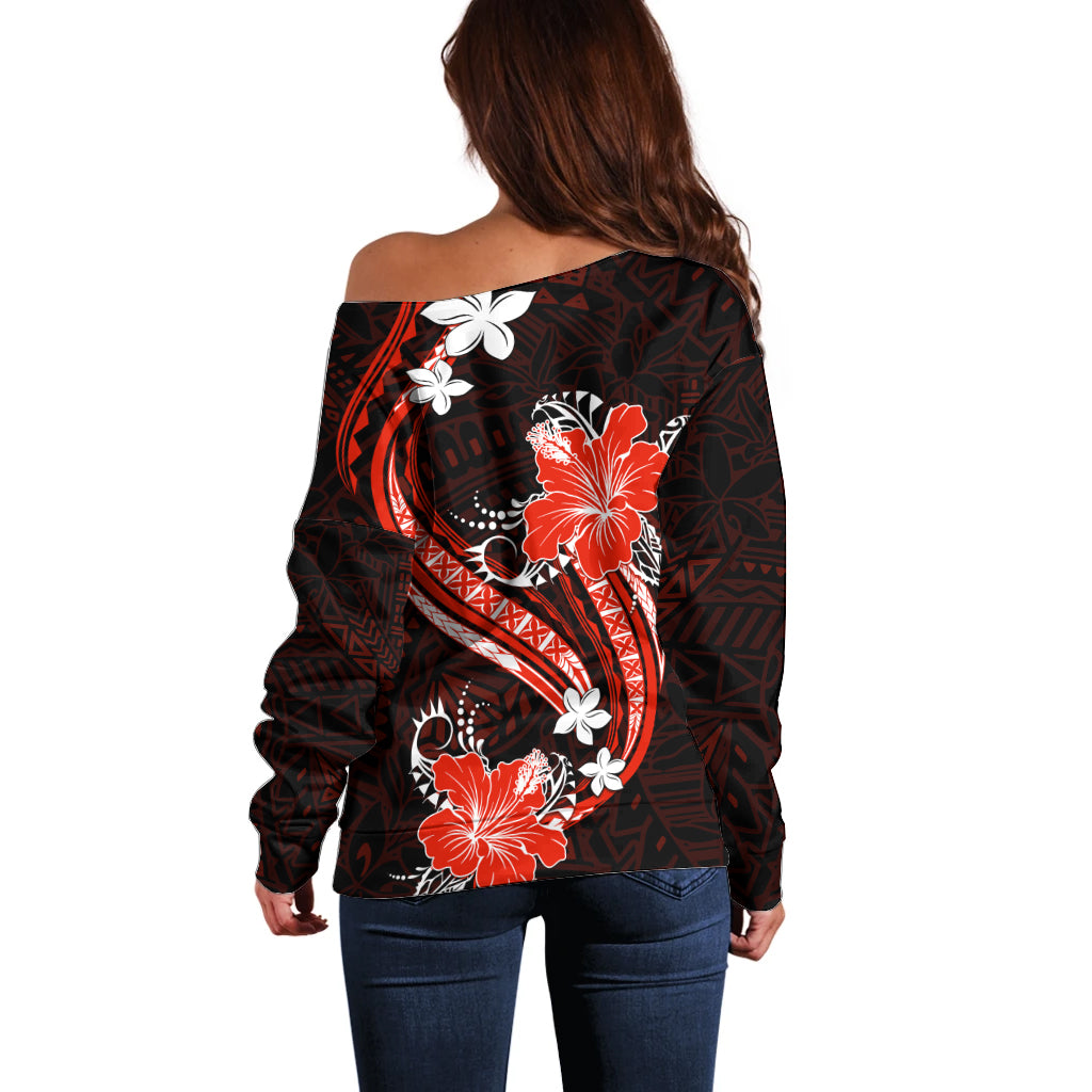 Red Polynesian Pattern With Tropical Flowers Off Shoulder Sweater LT05 - Polynesian Pride