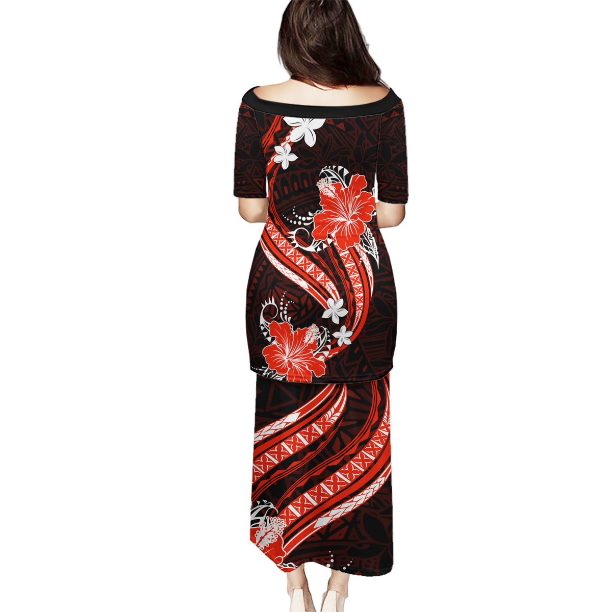 Red Polynesian Pattern With Tropical Flowers Puletasi LT05 - Polynesian Pride