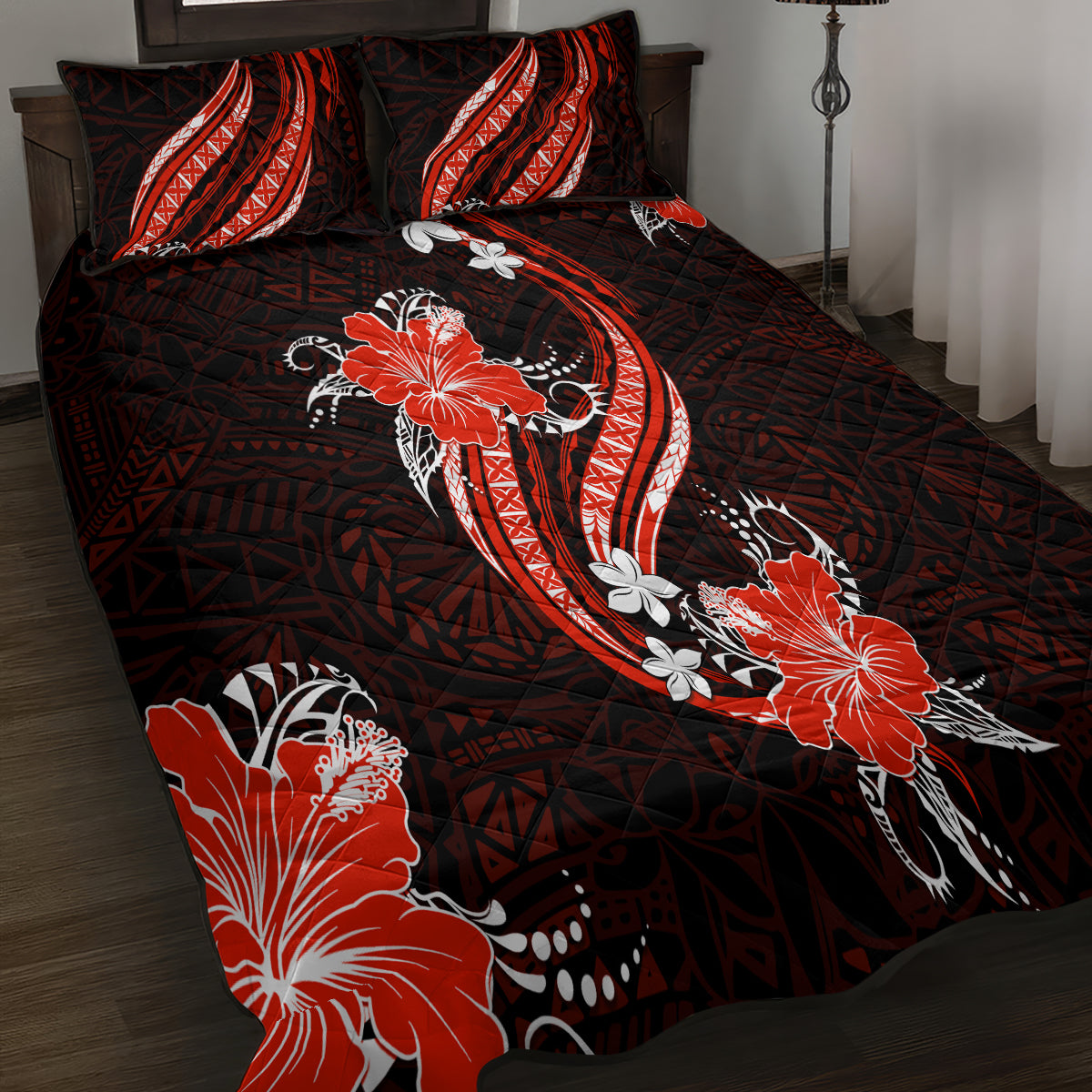 Red Polynesian Pattern With Tropical Flowers Quilt Bed Set LT05 - Polynesian Pride