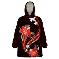 Red Polynesian Pattern With Tropical Flowers Wearable Blanket Hoodie LT05 One Size Red - Polynesian Pride