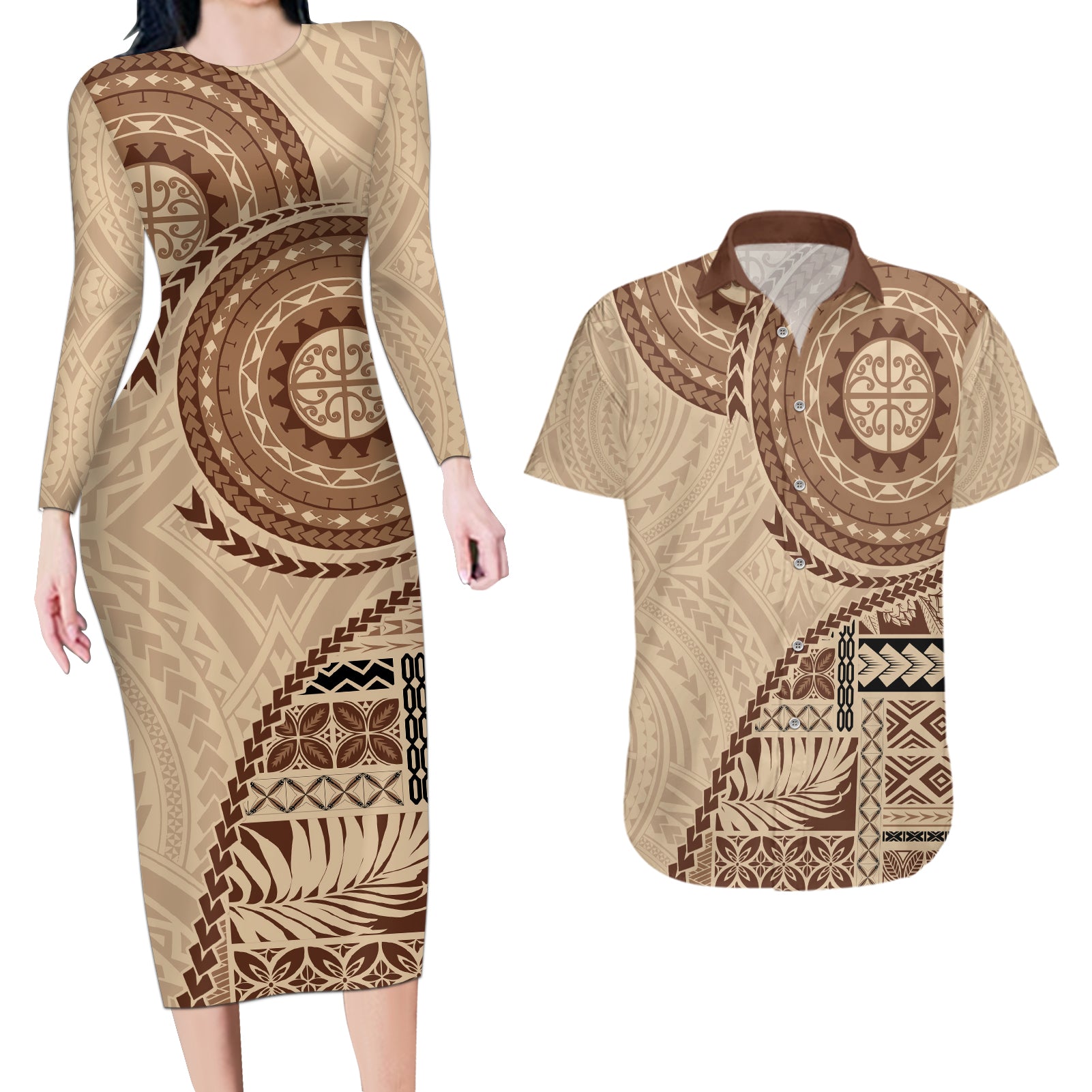 Samoa Siapo Pattern Simple Style Couples Matching Long Sleeve Bodycon Dress and Hawaiian Shirt LT05 Brown - Polynesian Pride