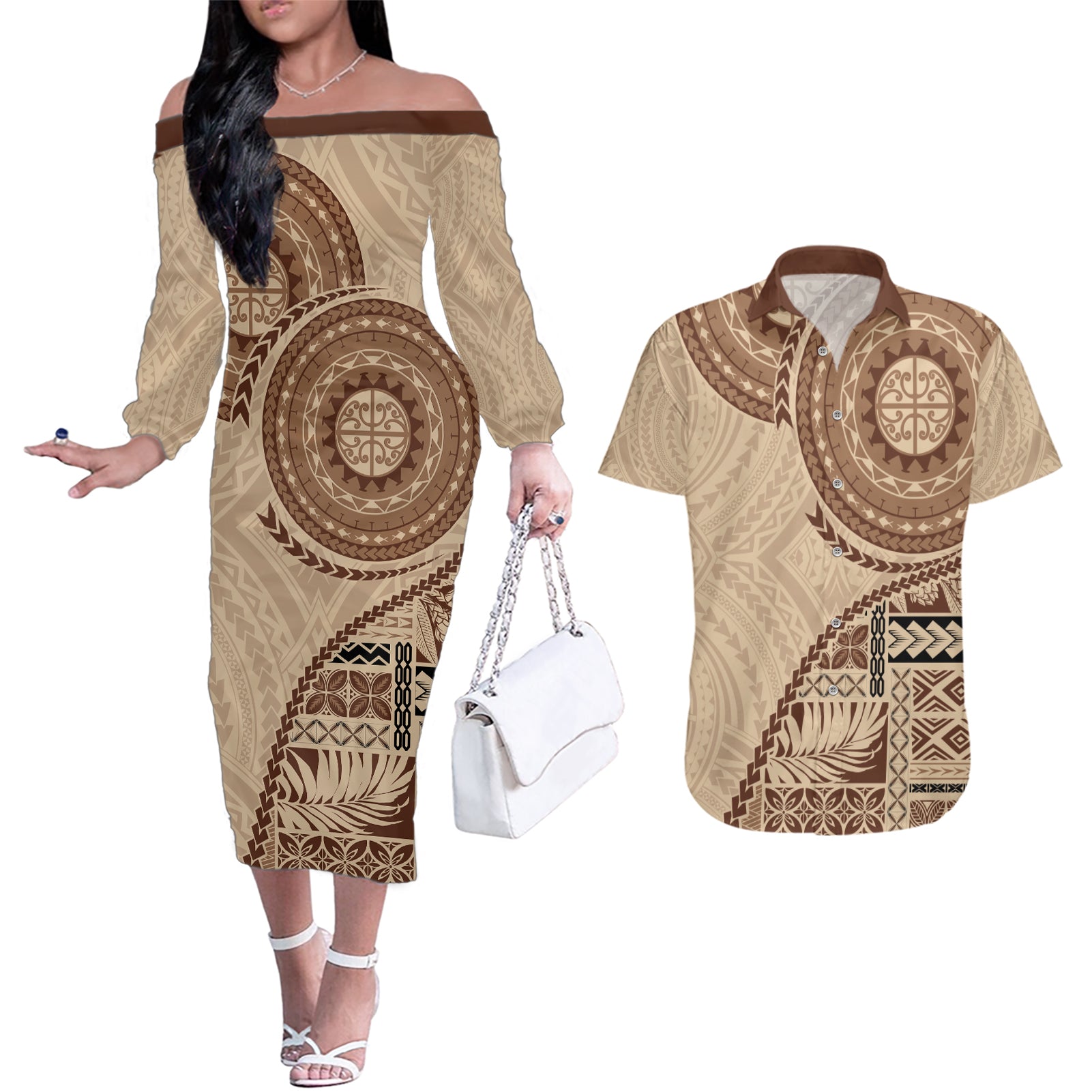 Samoa Siapo Pattern Simple Style Couples Matching Off The Shoulder Long Sleeve Dress and Hawaiian Shirt LT05 Brown - Polynesian Pride