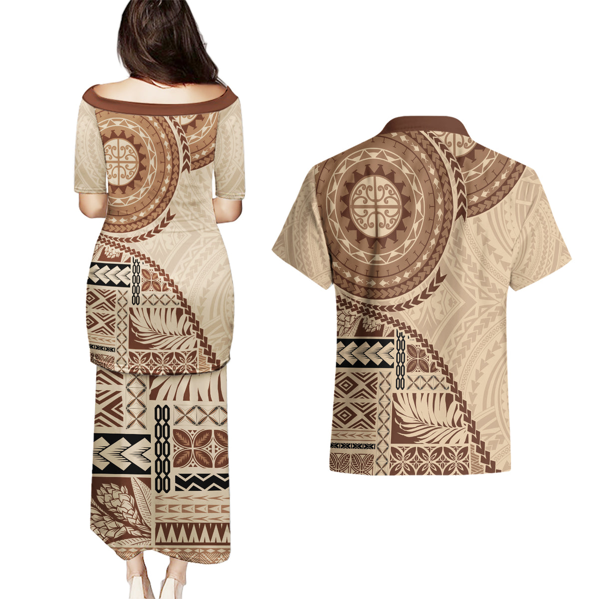 Samoa Siapo Pattern Simple Style Couples Matching Puletasi Dress and Hawaiian Shirt LT05 - Polynesian Pride