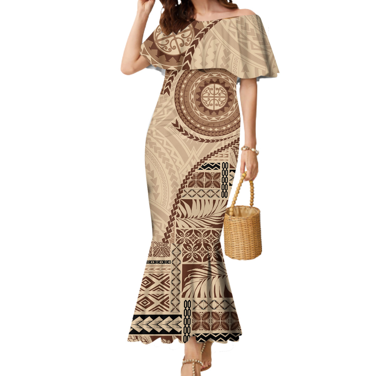 Samoa Siapo Pattern Simple Style Mermaid Dress LT05 Women Brown - Polynesian Pride