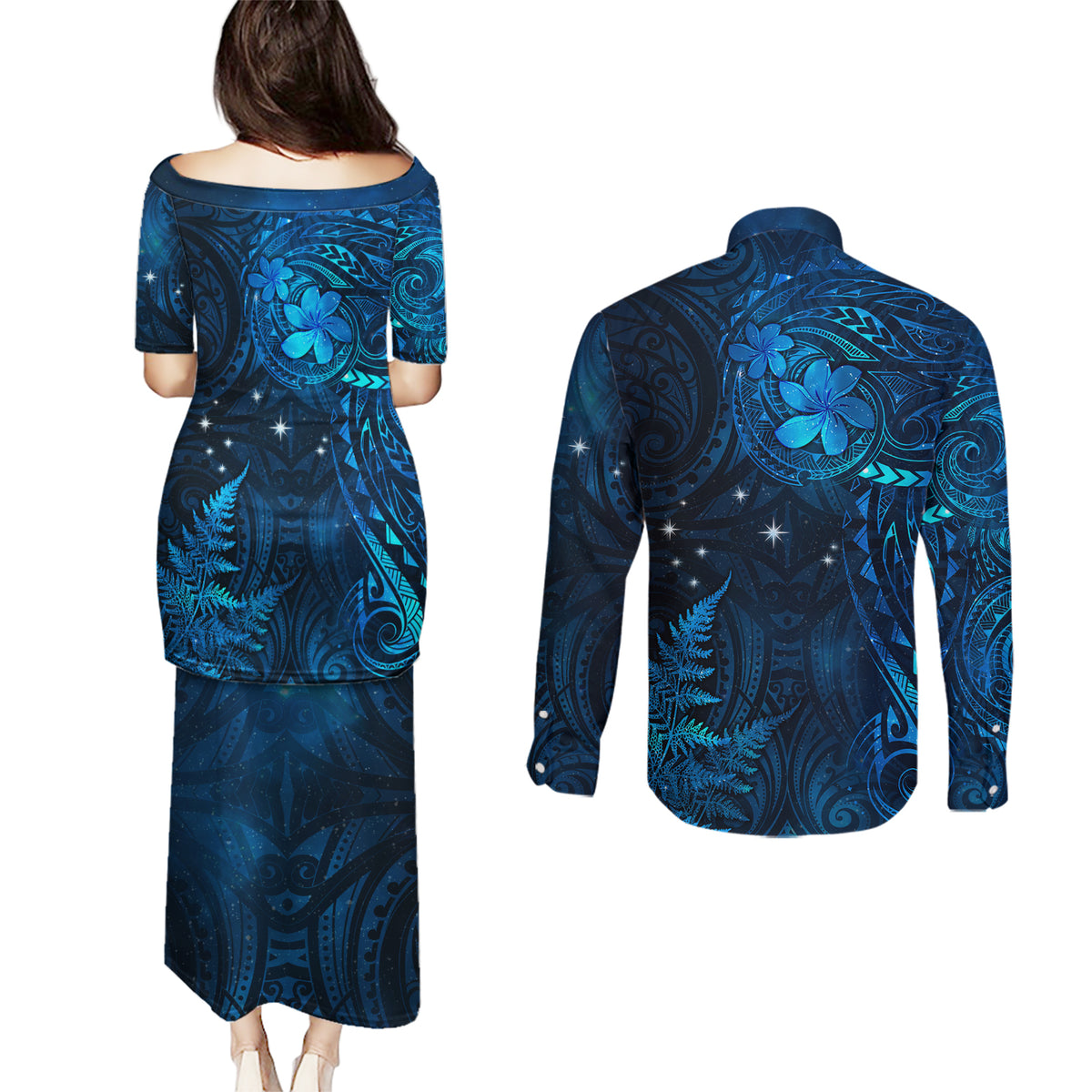 New Zealand Matariki Couples Matching Puletasi and Long Sleeve Button Shirt Maori New Year LT05 - Polynesian Pride