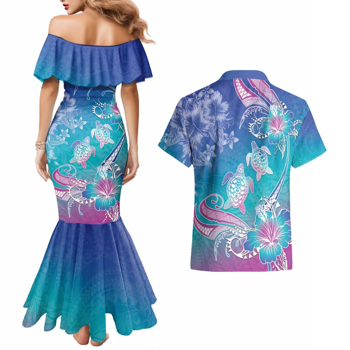Polynesia Sea Turtle Couple Couples Matching Mermaid Dress and Hawaiian Shirt Love Is Life