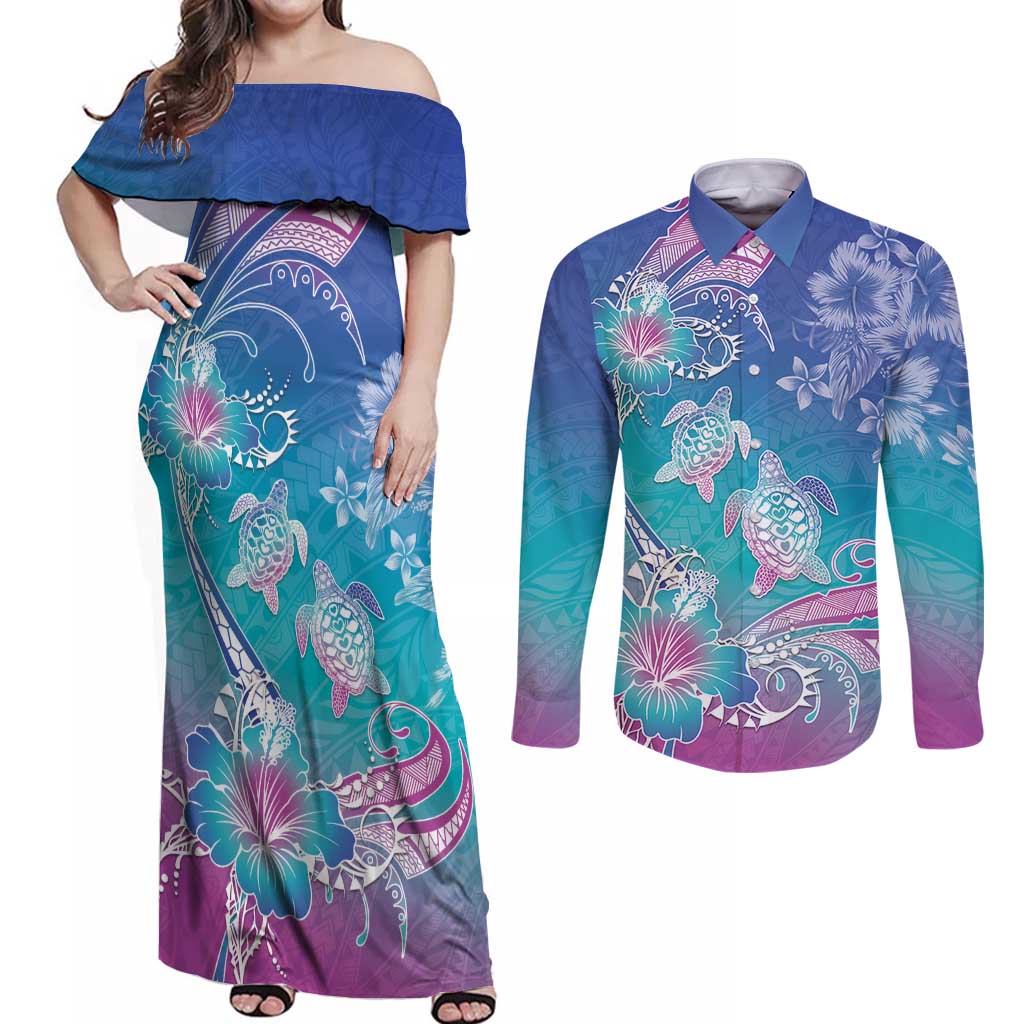 Polynesia Sea Turtle Couple Couples Matching Off Shoulder Maxi Dress and Long Sleeve Button Shirt Love Is Life LT05 Blue - Polynesian Pride