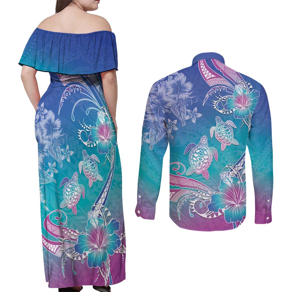 Polynesia Sea Turtle Couple Couples Matching Off Shoulder Maxi Dress and Long Sleeve Button Shirt Love Is Life