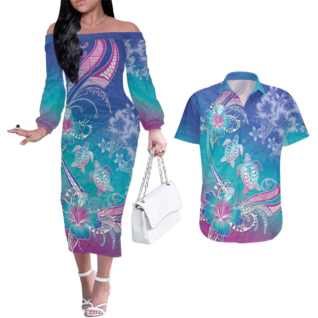 Polynesia Sea Turtle Couple Couples Matching Off The Shoulder Long Sleeve Dress and Hawaiian Shirt Love Is Life
