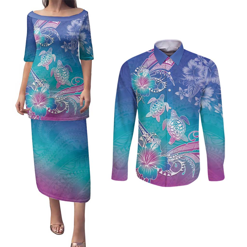 Polynesia Sea Turtle Couple Couples Matching Puletasi and Long Sleeve Button Shirt Love Is Life LT05 Blue - Polynesian Pride