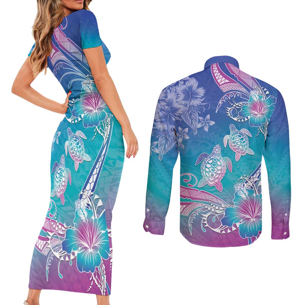 Polynesia Sea Turtle Couple Couples Matching Short Sleeve Bodycon Dress and Long Sleeve Button Shirt Love Is Life