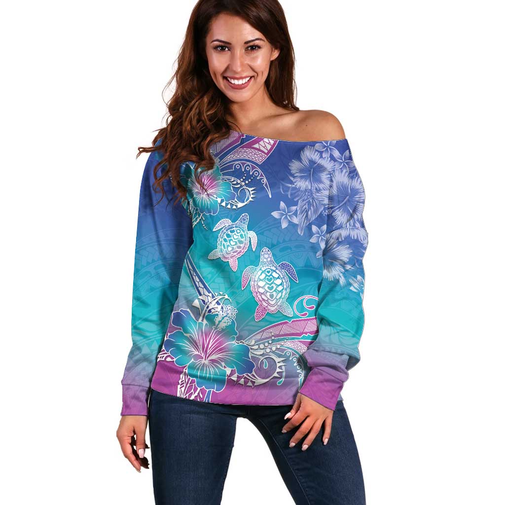 Polynesia Sea Turtle Couple Off Shoulder Sweater Love Is Life LT05 Women Blue - Polynesian Pride