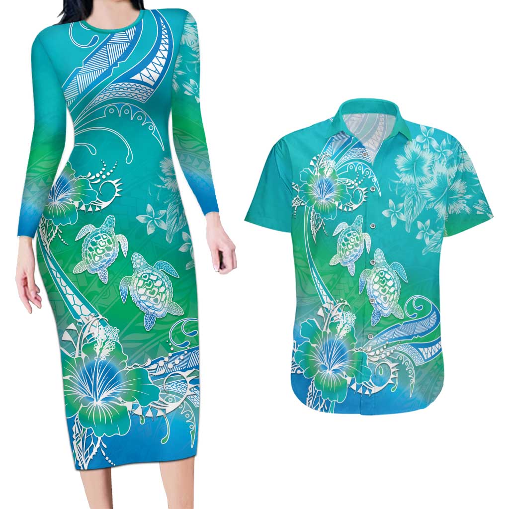 Polynesia Sea Turtle Couple Couples Matching Long Sleeve Bodycon Dress and Hawaiian Shirt I Am Turtley In Love With You