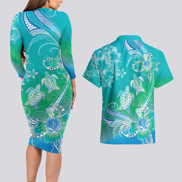 Custom Matching Hawaiian Outfits For Couples Dress and Hawaiian Shirt Polynesia Orange Sea Turtle Honu and Hammerhead Shark LT13 main image 1