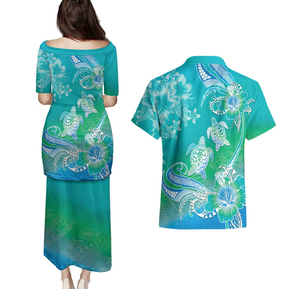 Polynesia Sea Turtle Couple Couples Matching Puletasi and Hawaiian Shirt I Am Turtley In Love With You