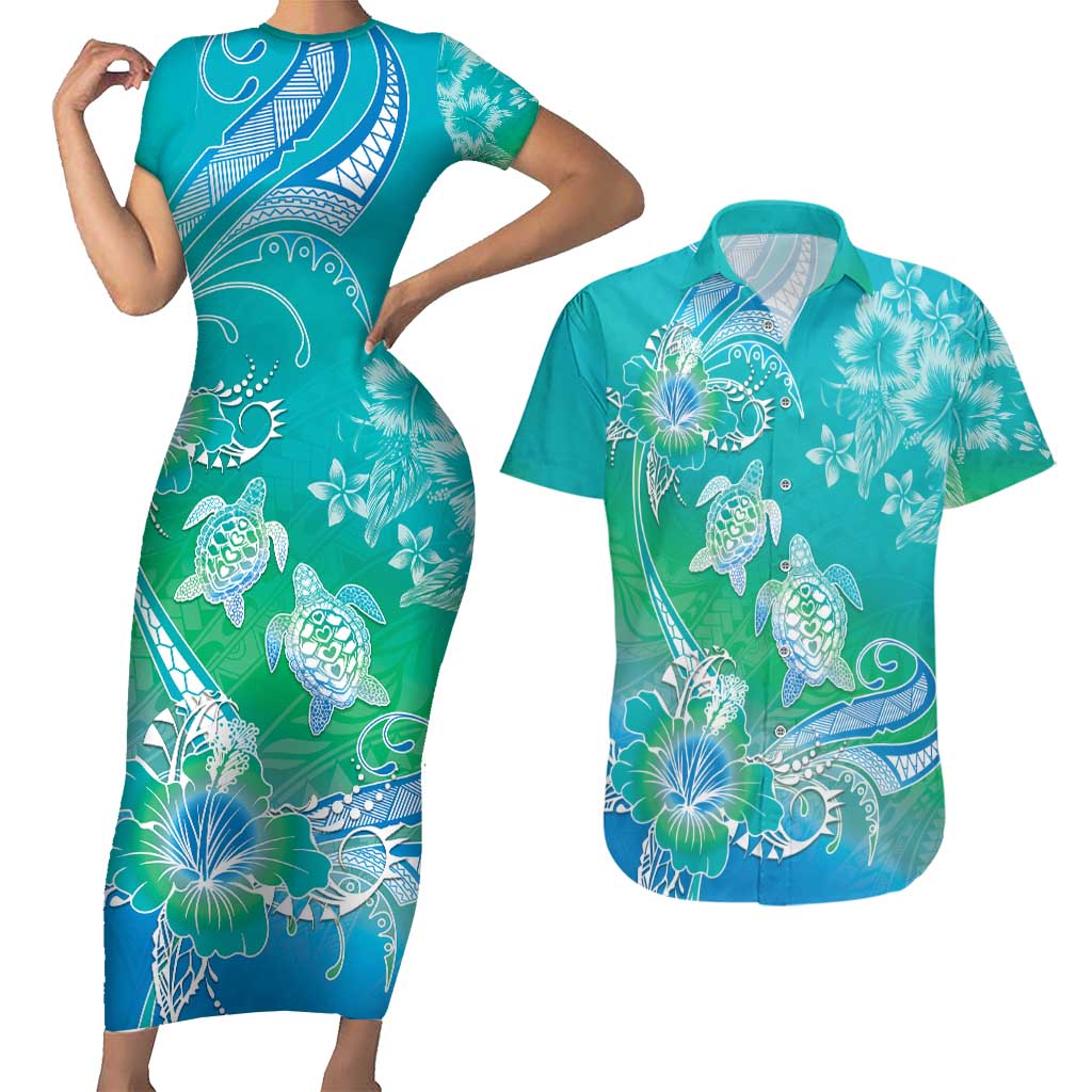 Polynesia Sea Turtle Couple Couples Matching Short Sleeve Bodycon Dress and Hawaiian Shirt I Am Turtley In Love With You