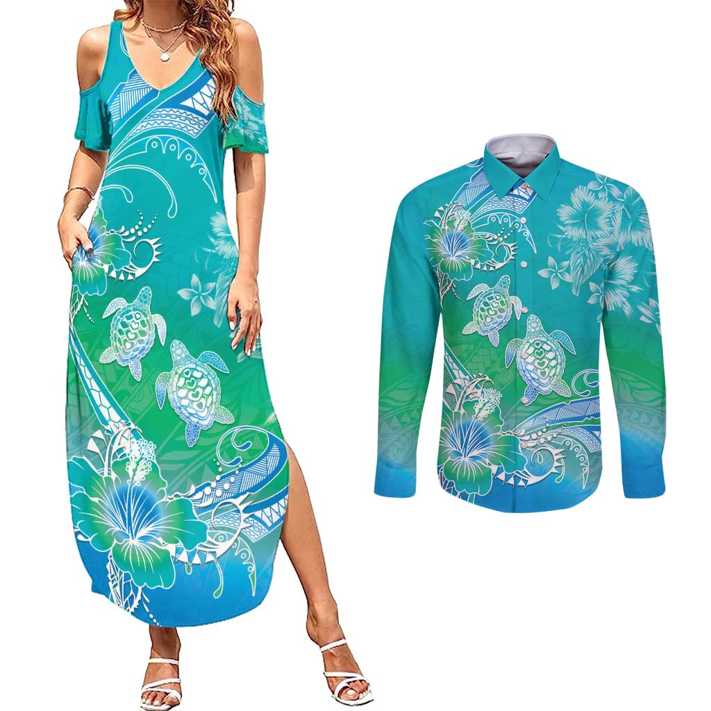 Polynesia Sea Turtle Couple Couples Matching Summer Maxi Dress and Long Sleeve Button Shirt I Am Turtley In Love With You