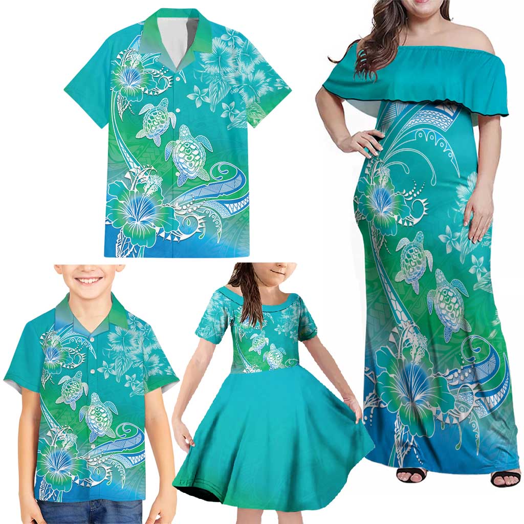 Polynesia Sea Turtle Couple Family Matching Off Shoulder Maxi Dress and Hawaiian Shirt I Am Turtley In Love With You