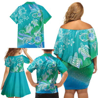 Polynesia Sea Turtle Couple Family Matching Off Shoulder Short Dress and Hawaiian Shirt I Am Turtley In Love With You
