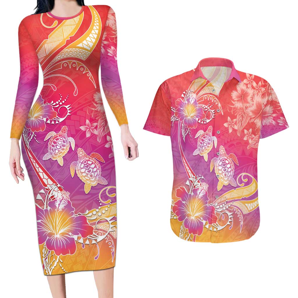 Polynesia Sea Turtle Couple Couples Matching Long Sleeve Bodycon Dress and Hawaiian Shirt One Soul One Love