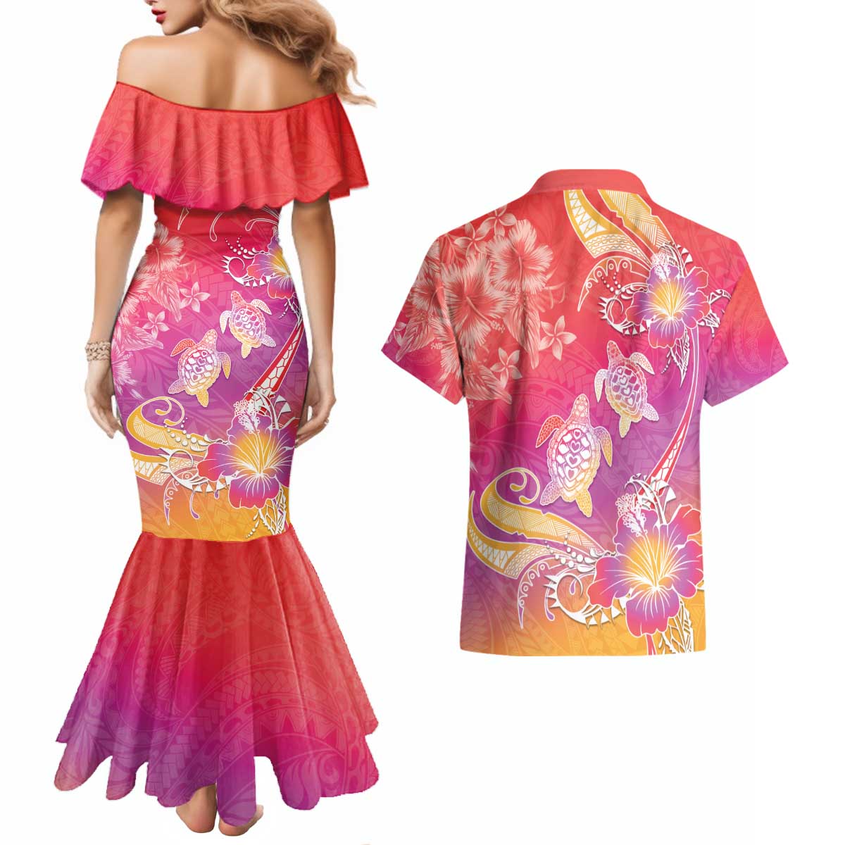 Polynesia Sea Turtle Couple Couples Matching Mermaid Dress and Hawaiian Shirt One Soul One Love
