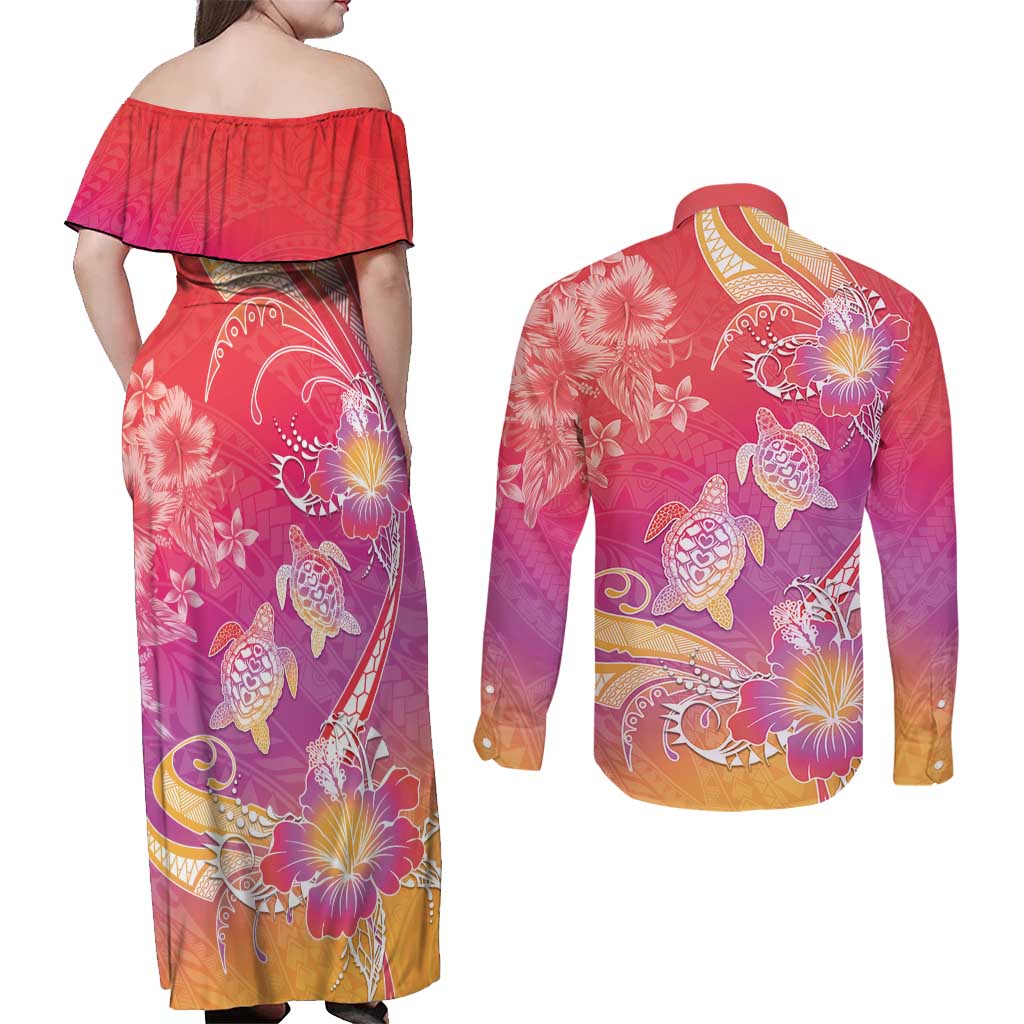 Polynesia Sea Turtle Couple Couples Matching Off Shoulder Maxi Dress and Long Sleeve Button Shirt One Soul One Love