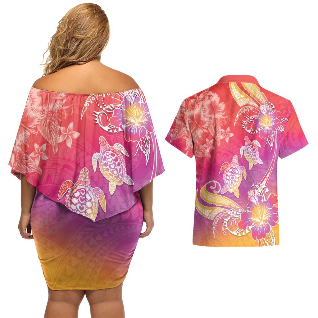 Polynesia Sea Turtle Couple Couples Matching Off Shoulder Short Dress and Hawaiian Shirt One Soul One Love