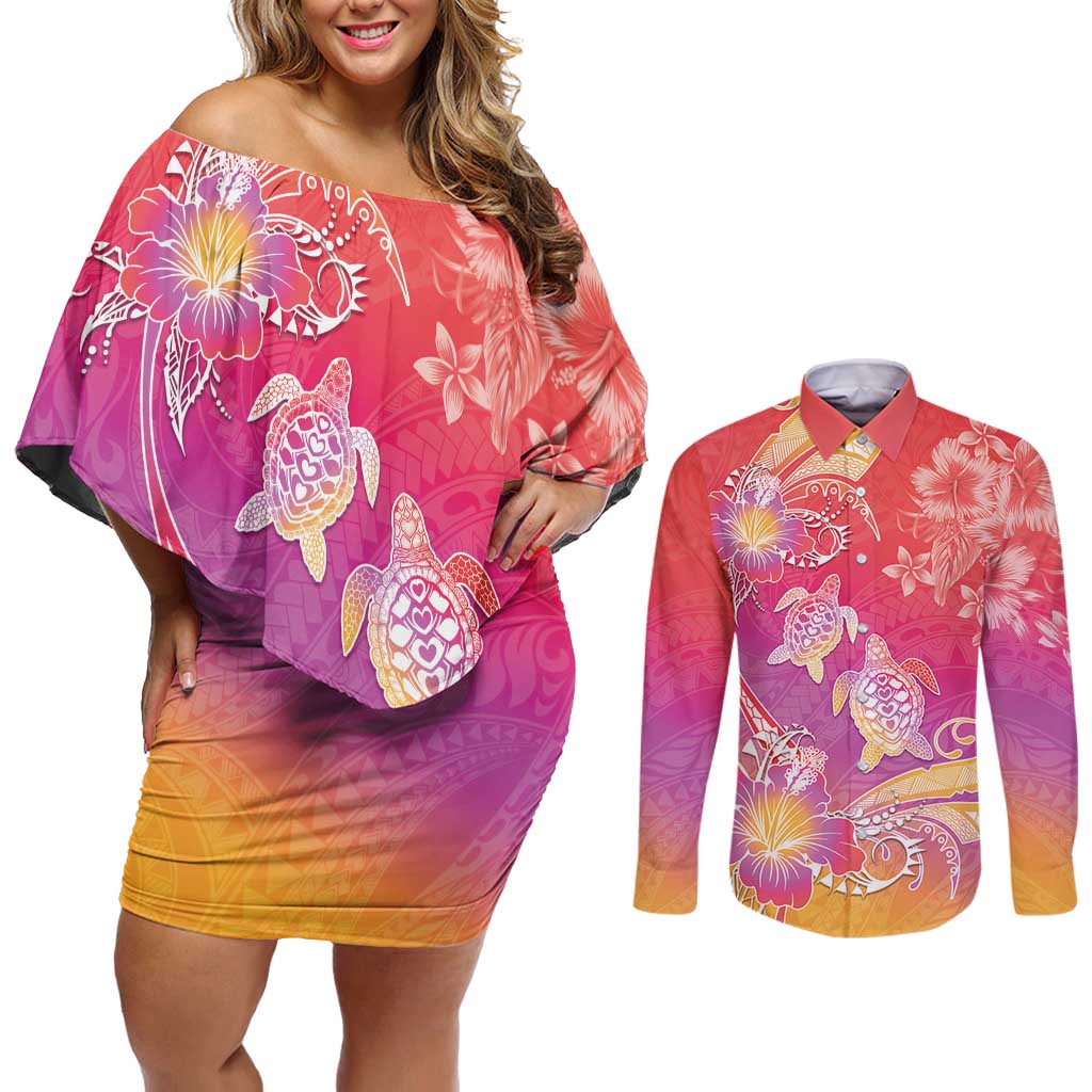 Polynesia Sea Turtle Couple Couples Matching Off Shoulder Short Dress and Long Sleeve Button Shirt One Soul One Love