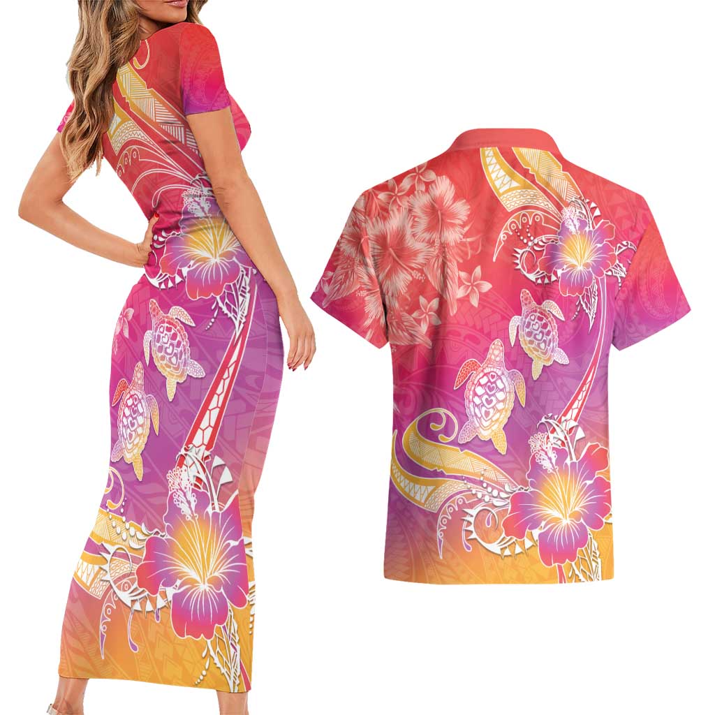 Polynesia Sea Turtle Couple Couples Matching Short Sleeve Bodycon Dress and Hawaiian Shirt One Soul One Love