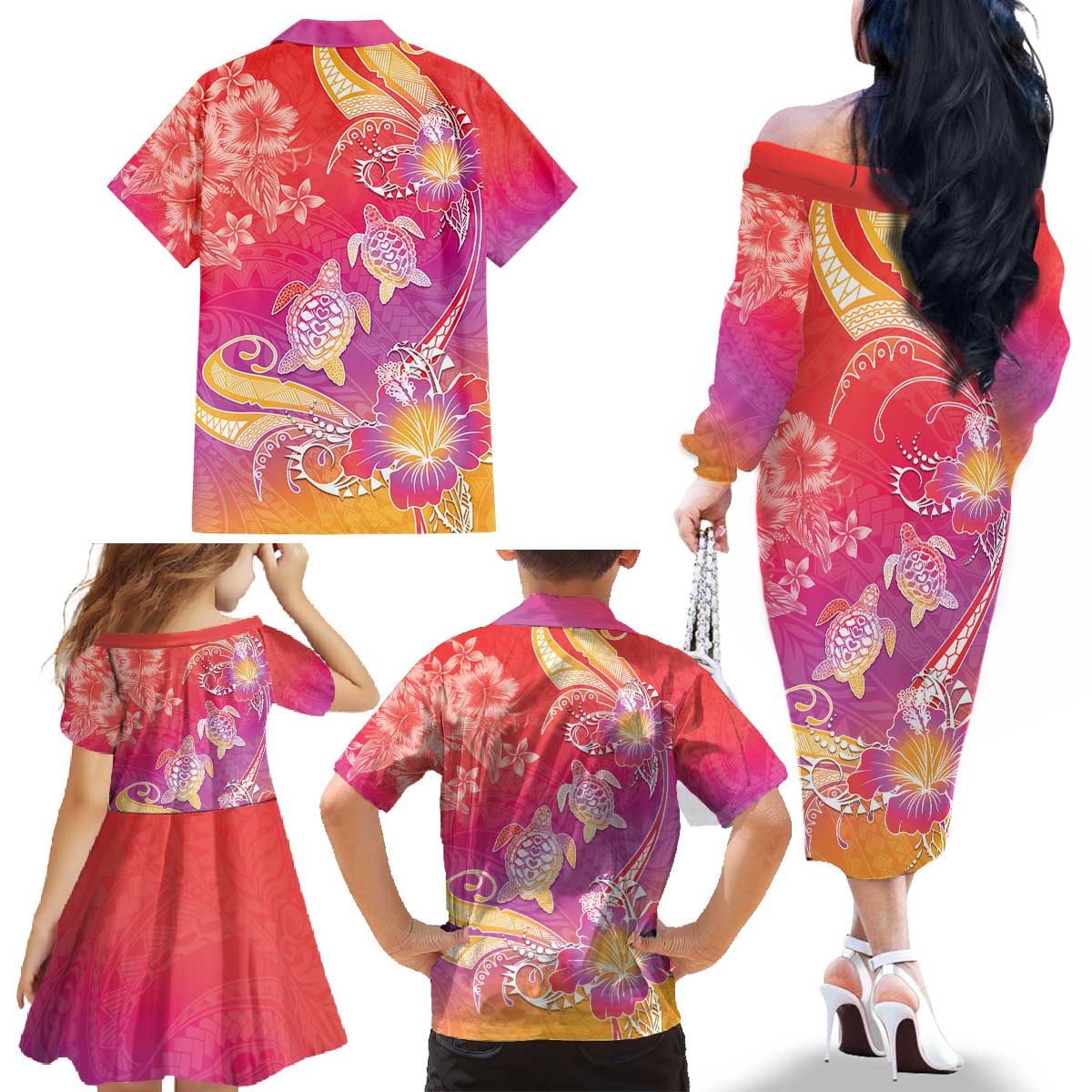 Polynesia Sea Turtle Couple Family Matching Off The Shoulder Long Sleeve Dress and Hawaiian Shirt One Soul One Love